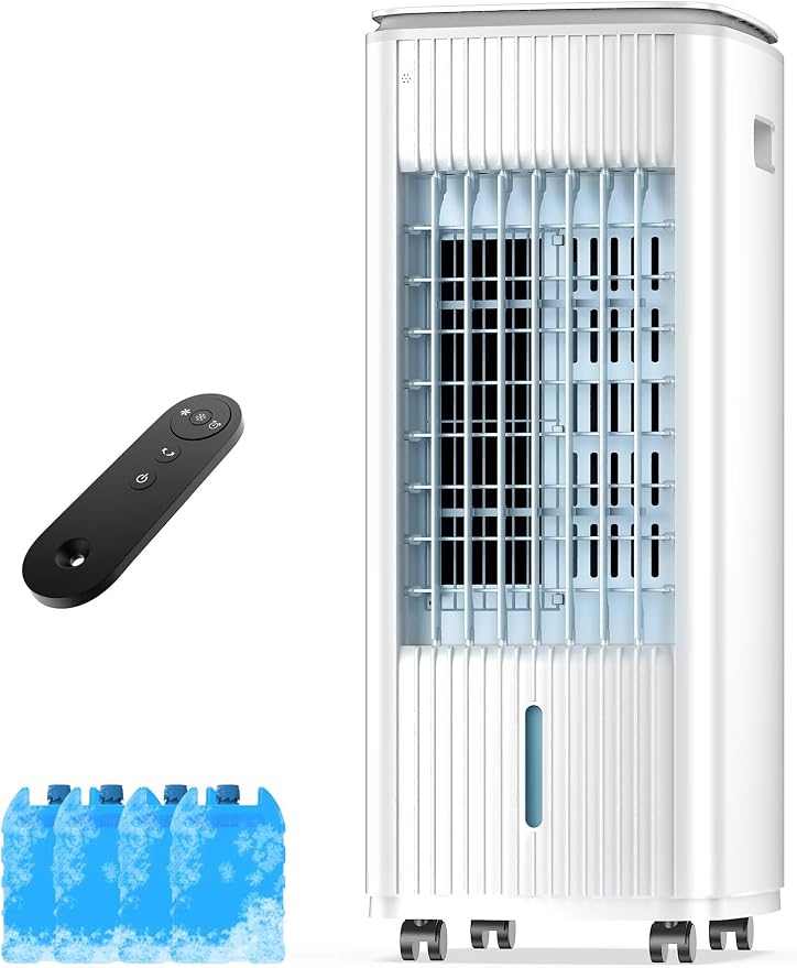Portable Air Conditioners, 3-IN-1 Evaporative Air Cooler w/ 4 Ice Packs, 3L Water Tank, 7H Timer for Auto-Off, Swamp Coolers Portable Ac with 70° Oscillation,for Room Bedroom Office, White