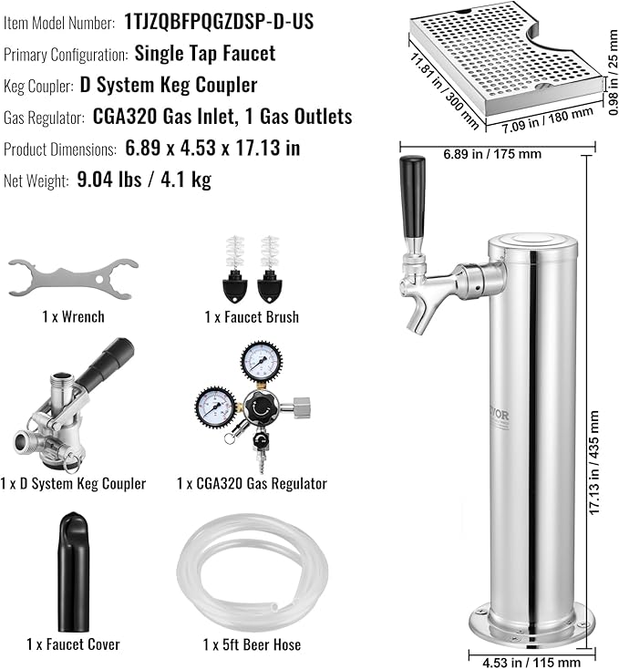 VEVOR Kegerator Tower Kit, Single Tap Beer Conversion Kit, Stainless Steel Keg Beer Tower Dispenser with Dual Gauge CGA320 Regulator & D-System Keg Coupler, Beer Drip Tray for Party Home