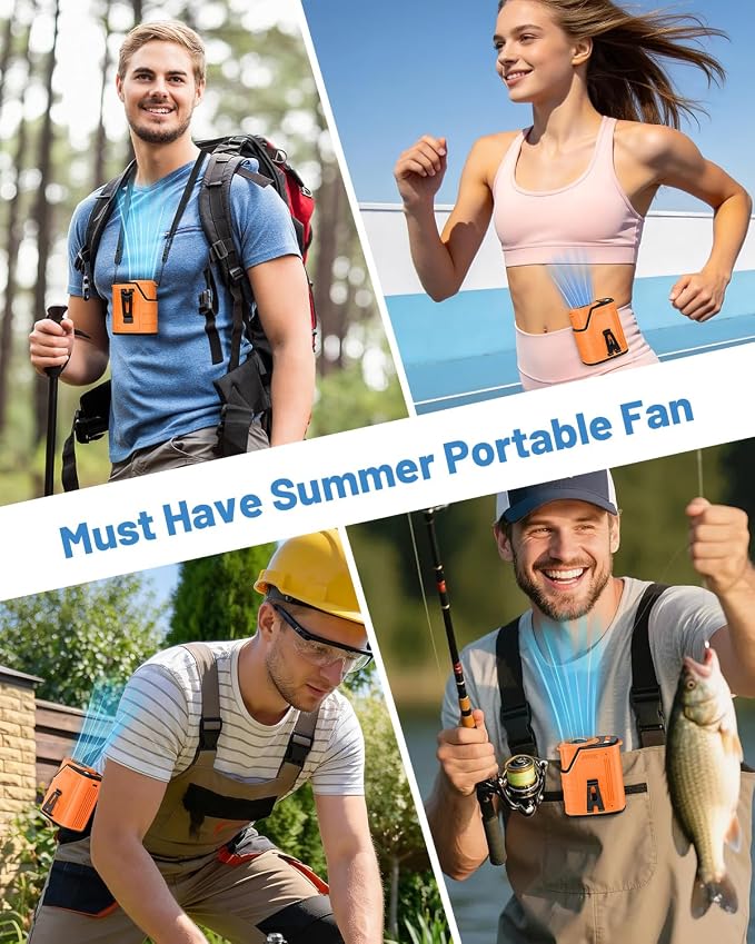W & O Portable Fan Rechargeable,Personal Waist Clip on fan 4 Speeds & Flashlight Hands-FreeHanging Neck Fan, 20H Cooling For Outdoor Camping Travel (Orange)