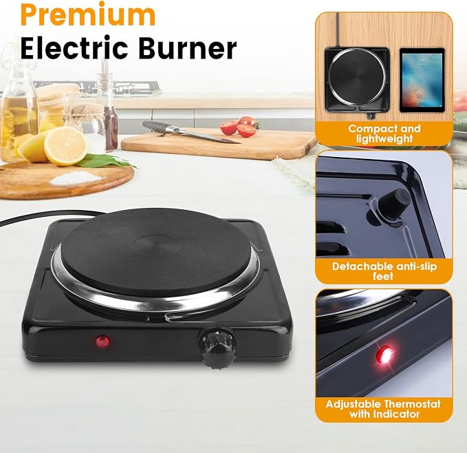 Electric Burner, Electric Hot Plate for Cooking Portable Cooking Stove, Countertop Burner Cooktop for Kitchen, Dorm, Temperature Control, Easy to Clean, Black