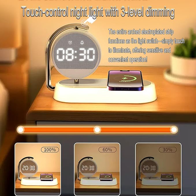 3-in-1 Wireless Charger with Digital Clock Display, 15W Fast Charging Station for Phone and Earbuds, Multi-Protection Charging Stand with 3-Level Night Light and Alarm Function, W001 White.