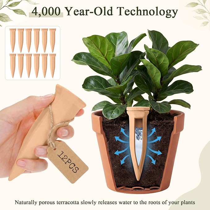 12 Pack Terracotta Watering Spikes with Lids Plant Watering Spikes Automatic Plant Waterer Devices Outdoor Indoor Vacation Friendly Slow Release Self Waterer Planter Insert(Small)