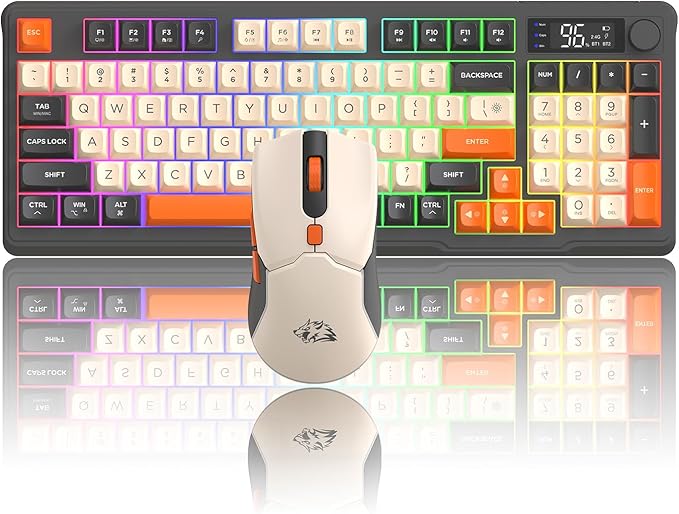 ZIYOU LANG T96 Wireless Gaming Keyboard and Mouse Combo,Dual Bluetooth//2.4G RGB Backlit Mechanical Feeling Keyboard with Smart Display & Knob,4000 DPI Gaming Mouse for PC Laptop Mac Wins-Shimmer
