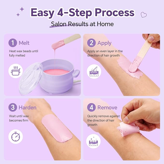 UKF Home Waxing Kit with Hard Wax Beans Complete Hair Removal System with Electric Wax Warmer, Nose & Body Applicators, Pre & Post Care Wipes Gentle Root Level Depilatory for Full Body，Purple