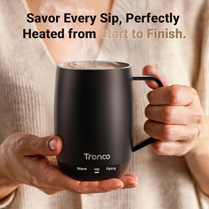 Tronco Temperature Control Heated Coffee Mug 14 oz – Rechargeable Self-Heating Smart Mug with Lid – Manual Control, 3 Modes, 130 Min Battery Life, Auto Shut-Off (Black)