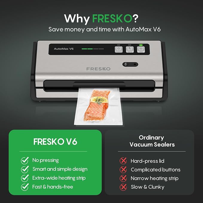 FRESKO Food Vacuum Sealer with Automatic Bag Detection, 0.2-inch Widened Heating Strip, Built-in Bag Roll Storage & Cutter, 1 Roll Bag, Starter Kit