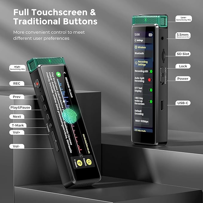 8GB Digital Voice Recorder with Playback, Innioasis R1 Full Touchscreen Voice Recorder with Bluetooth, Voice Activated Sound Audio Recorder Device with Mic Green