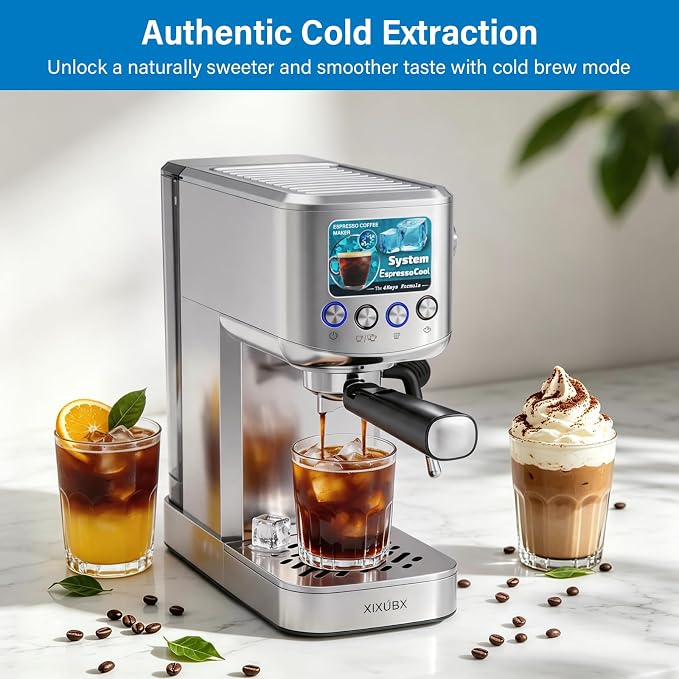XIXUBX 20 Bar Espresso & Cold Brew Coffee Maker with Milk Frother, 42oz Removable Tank, Stainless Steel, Perfect for Cappuccino, Latte, Home & Office, Silver