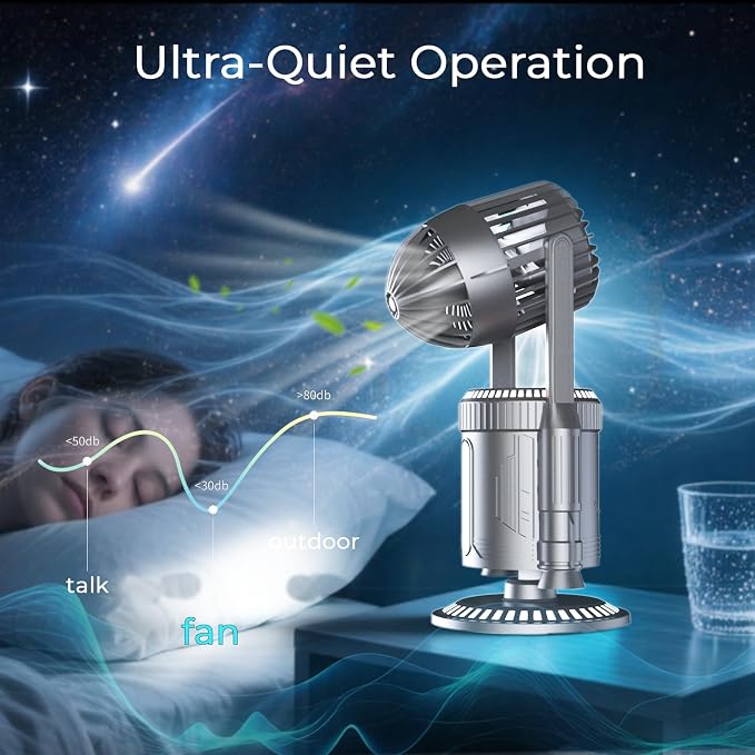 Rocket Desk Fan with Mist Humidifier, 5000mAh Portable Cordless Table Fan, RGB Gaming Room Decor, 180° Auto-Oscillating & Tilt, Quiet Personal Cooling for Office, Bedroom & Gifting (Silver)