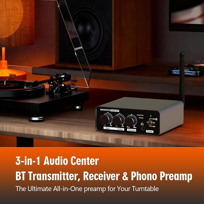 PM6BT Bluetooth Phono Preamp for Turntables, Wireless Transmitter Receiver Preamplifier, MM Phonostage with Bass Treble EQ, Headphone Out, aptX HD, Vinyl Record Player Pre-amp, Aluminum
