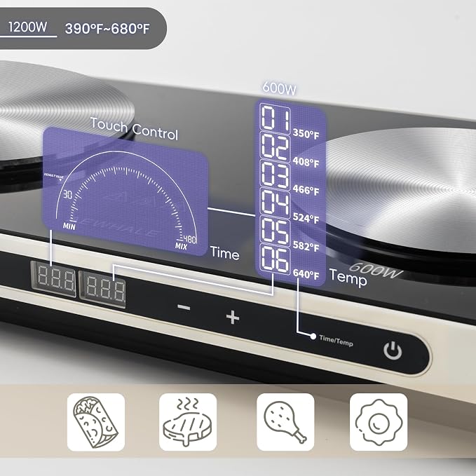 AEWHALE Countertop Double Burners with Removable Griddle Pan Non-stick,1200W+600W Electric Hot Plate with Sensor Touch for Adjustable Temperature/Time