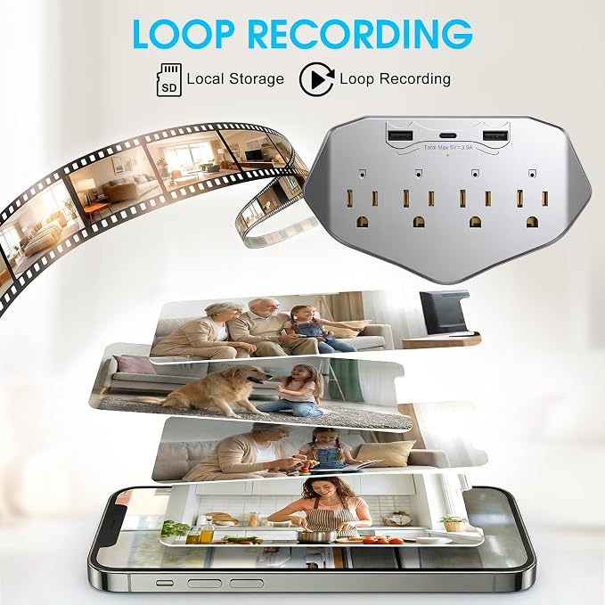 1080P WiFi Wall Outlet Camera, Indoor Surveillance Cam with Multi-Port Charger, 4 AC Outlets, USB & Type-C Ports, Motion Detection, Loop Recording, Remote View