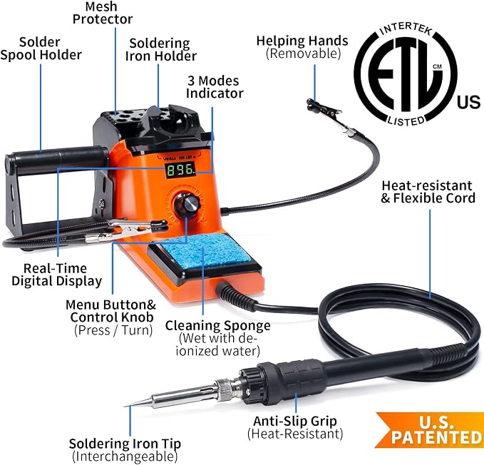 YIHUA 926 III 60W LED Display Soldering Iron Station Kit w 2 Helping Hands, 6 Extra Iron Tips, Roll of Lead-Free Solder, Solder Sucker, S/S Tweezers, °C/ºF Conversion, Auto Sleep & Calibration Support