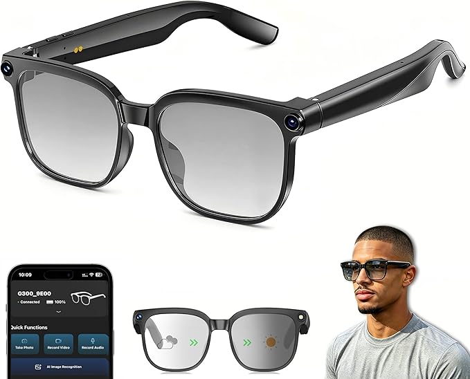 AI Smart Glasses with Camera, 8MP HD Camera Glasses for Men, AI Recording Glasses with Voice Assistant,Open-Ear Audio,Real-Time Translation,Video Recording Sunglasses for Life & Work (Photochromic)