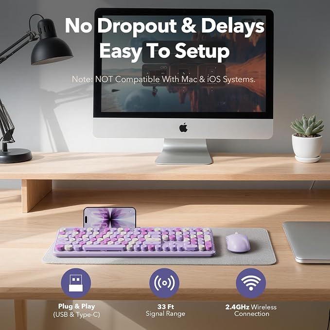 Wireless Keyboard and Mouse Combo with Phone/Tablet Holder, Full-Size Typewriter Keyboard, Retro Round Keycaps, 3-Level DPI Mouse, 2.4GHz Cordless Connection for Windows/PC/Laptop (Lavender & Cream)