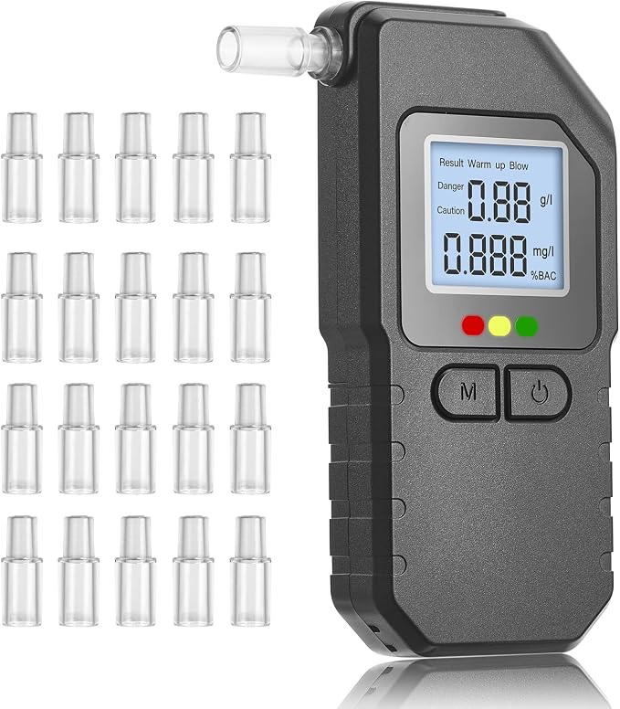Breathalyzer Alcohol Tester，Professional Dual-Sensor Alcohol Tester with LCD Digital Display - Portable BAC Detector Kit, Includes 20 Replacement Mouthpieces for Driving, Home, Party