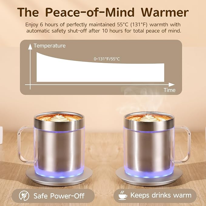 12oz Self Heating Coffee Mug, Electric Heated Coffee Cup with USB Charging Base, Temperature Control Stainless Steel Mug Warmer Set for Desk and Office (Silver Classic-12oz)
