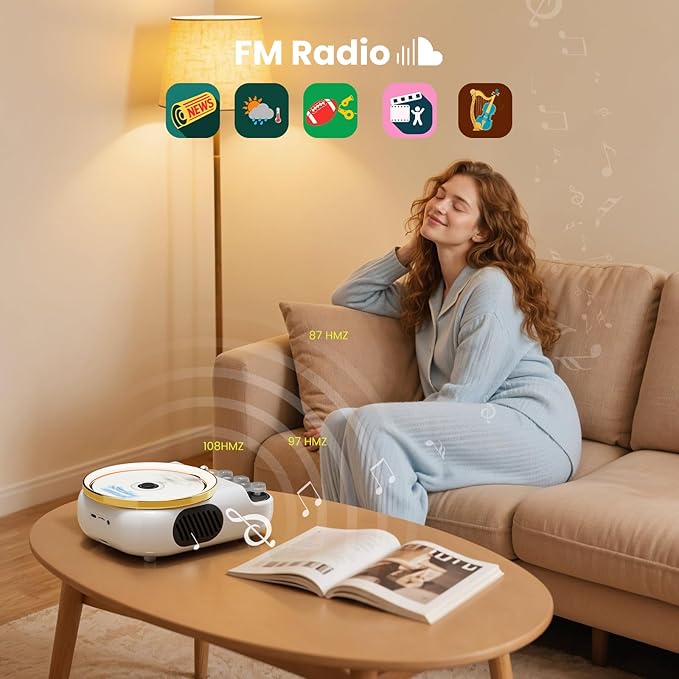 4 in 1 Retro Portable CD Players with Bluetooth Speakers, FM Radio, Night Light, LCD Display, 4000 mAh Battery, Vintage Radio Built in Dual Speakers Supports USB/AUX/Type-C for Home (White)