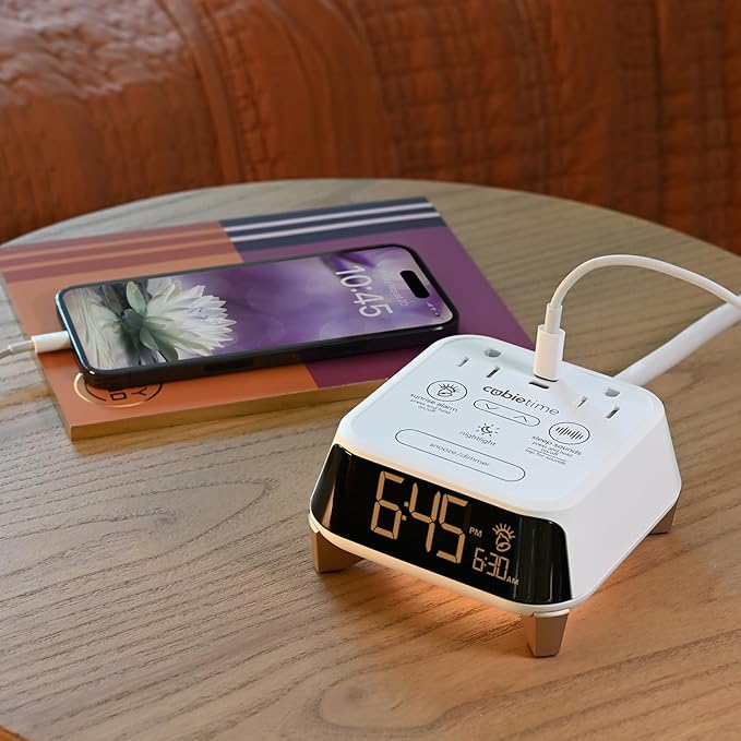 Brandstand CubieTime Zen - White (Latest Model) - White Noise/Sleep Sounds Alarm Clock Charger with 2 USB-C Ports, 2 Power Outlets, Night Light