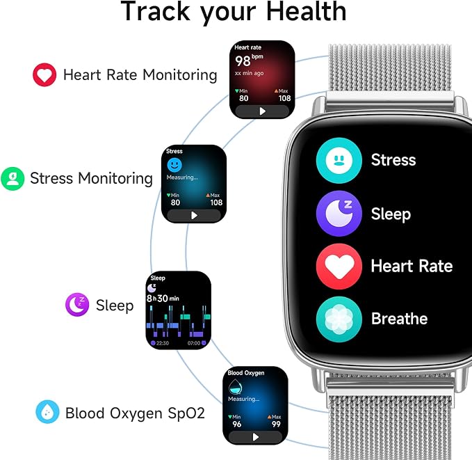 Smart Watch for Men Women, 1.85" HD Smartwatch Compatible iPhone/Samsung/Android (Answer/Make Calls), 100+ Sport Modes Fitness Tracker with Heart Rate/Sleep/SpO2 Monitor, IP68 Waterproof, Metal Band