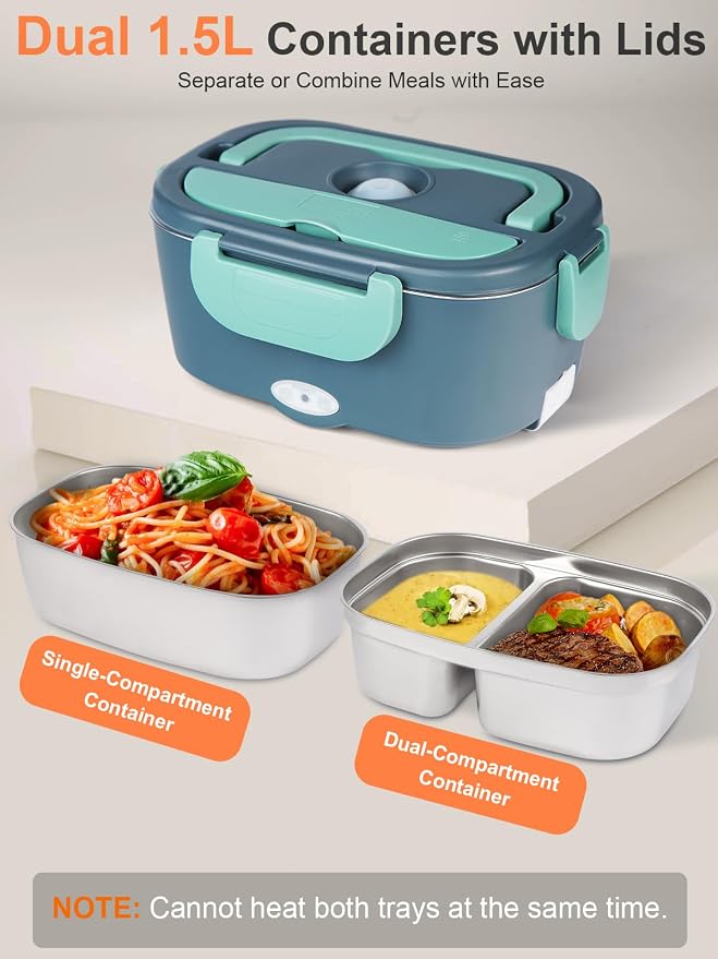 SOHIDA Electric-Lunch-Box-Heated-Food Warmer, 80W Heating Lunchbox for Adults, 2 Pack 1.5L Stainless Steel Containers, 12/24/110V Portable Warmer for Work/Car Lonchera Eléctrica Portátil (Green)