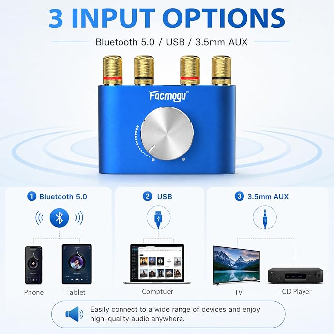 Facmogu F900S 160W Mini Bluetooth 5.0 Power Amplifier, 2 Channel 80Wx2 Stereo Hi-Fi Digital Amp, Portable Wireless Audio Receiver Sound Speaker Amplifer, AUX/USB/Bluetooth Input & 12V Power Supply