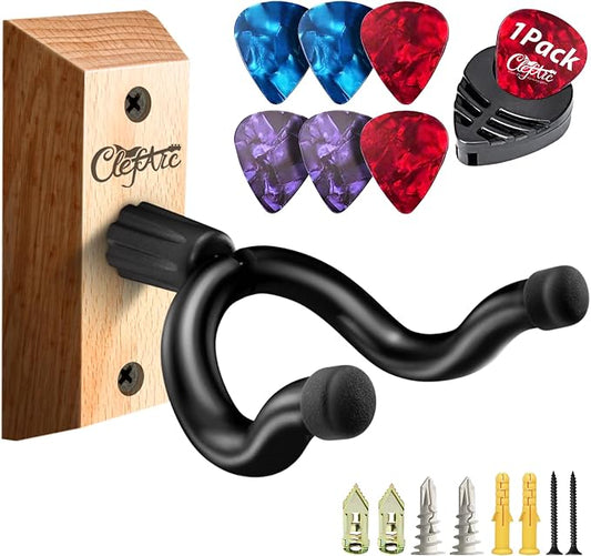 Guitar Wall Mount - Beech Hardwood Guitar Wall Hangers, Guitar Picks, Pick Holder, Guitar Accessories, U-Shape Hardwood Guitar Hanger, Gifts for Guitarists, with 6 Assorted Guitar Picks