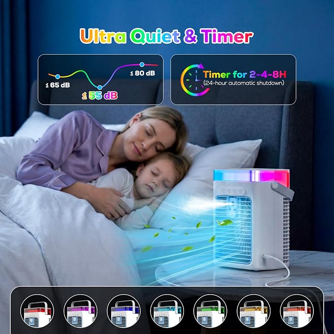 Portable Air Conditioner, 3-in-1 Evaporative Air Cooler with 3 Speeds & 2 Mist Modes, 1000ml Personal Mini AC Unit, USB Powered Small Cooler with RGB Light & Timer for Bedroom Office Desk Car