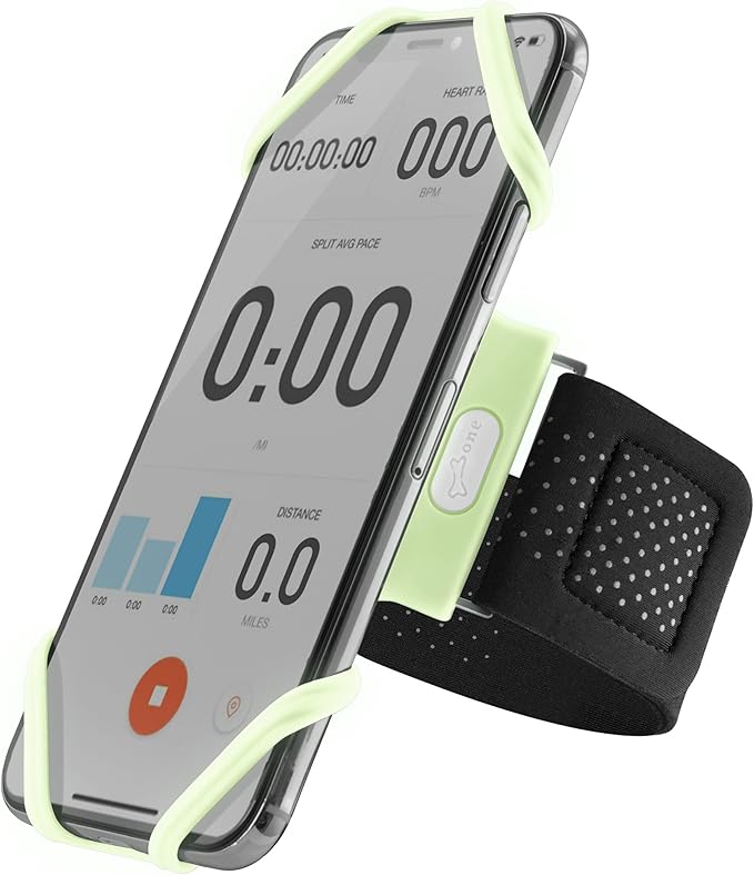 BONE Run Tie, Running Armband Phone Holder, Skin-Friendly & Washable Silicone Sport Armband, Universal Workout Phone Carrier Compatible with 4"-6.7" Smartphones (Luminous - Size S/Arm Size 7.9-9.8'')