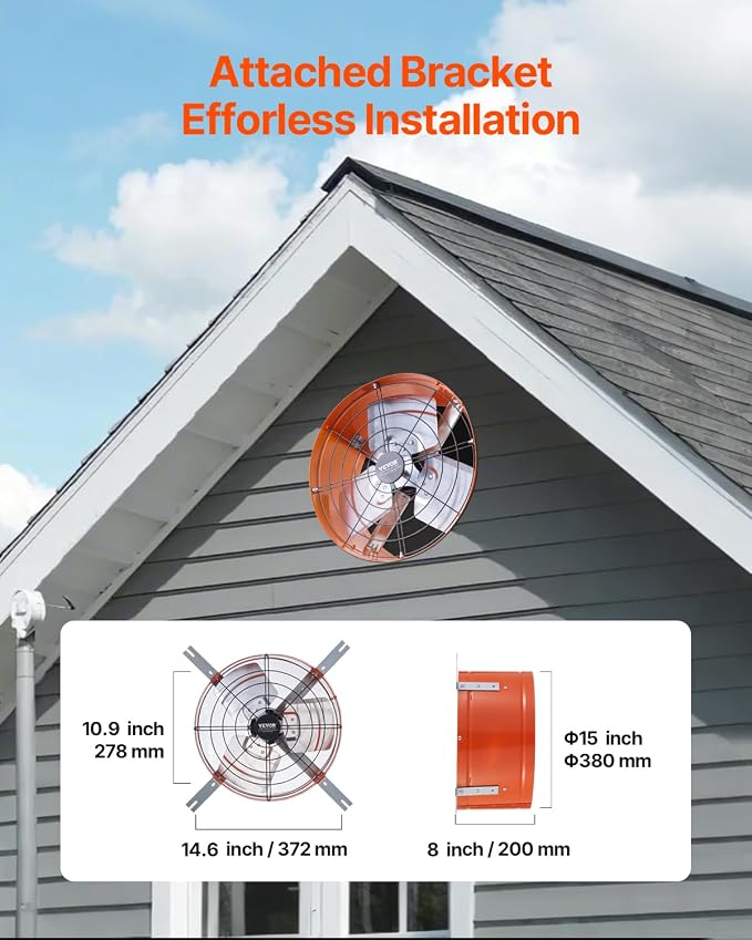 VEVOR Gable Mount Fan, 15 Inch Attic Exhaust Fan with Adjustable Thermostat & Outer Mesh, 1650 CFM House Ventilator Cools Up to 2360 Sq.Ft, Quiet Ventilation for Roof, Garage & Shop, Vibrant Orange