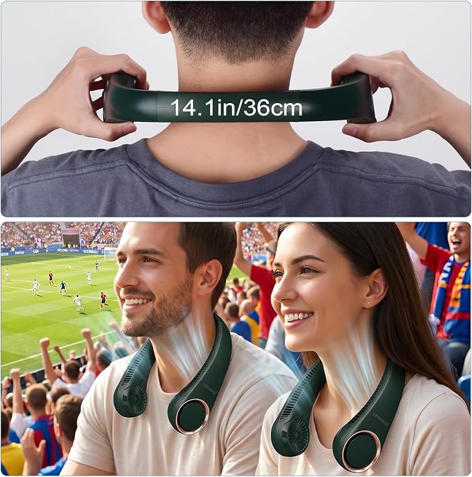 CIVPOWER Neck Fan: Portable Personal Neck Cooling Rechargeable Bladeless Fan - Hands Free 3 Speed 4000 mAh Battery USB Operated Wearable Headphone Design - Gift for Men Women Outdoor (Dark Green)