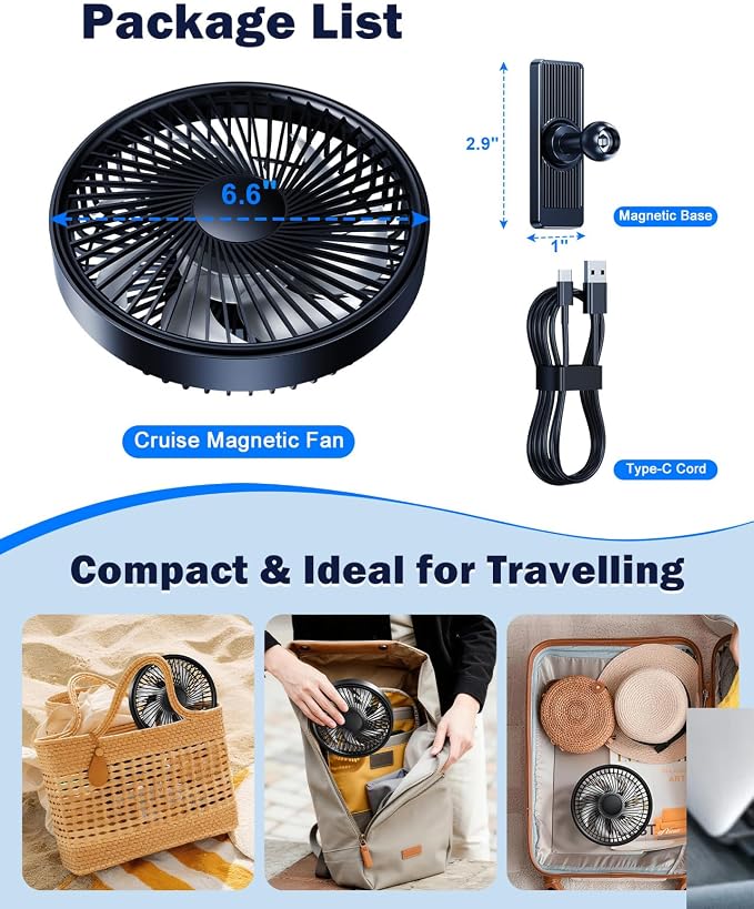 Magnetic Cruise Approved Fan, Portable Travel Fan 360 Degree Adjustable, 3 Speed, Rechargeable Cooling Fan for Cruise Ship Cabin, Golf Cart, GYM, Kitchen Refrigerator, Cruise Essentials 2026, Black