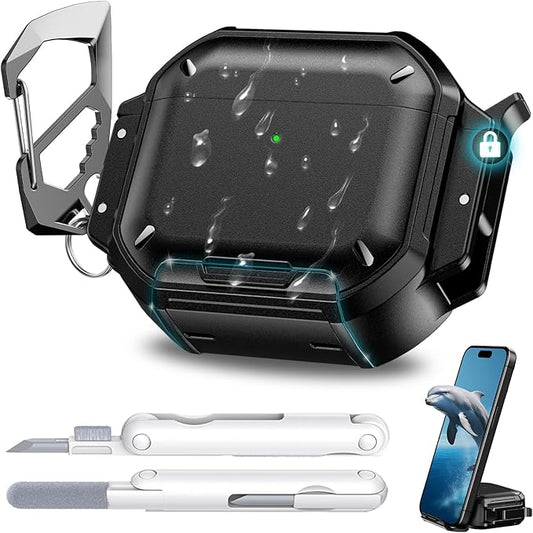for AirPods 4 Case Waterproof[IP68 Underwater][Full Heavy Duty Protection][Supports Wireless Charging] Anti-Scratch Hard Shell Cover for AirPods 4rd Gen Cleaner Kit&Carabiner (Black)
