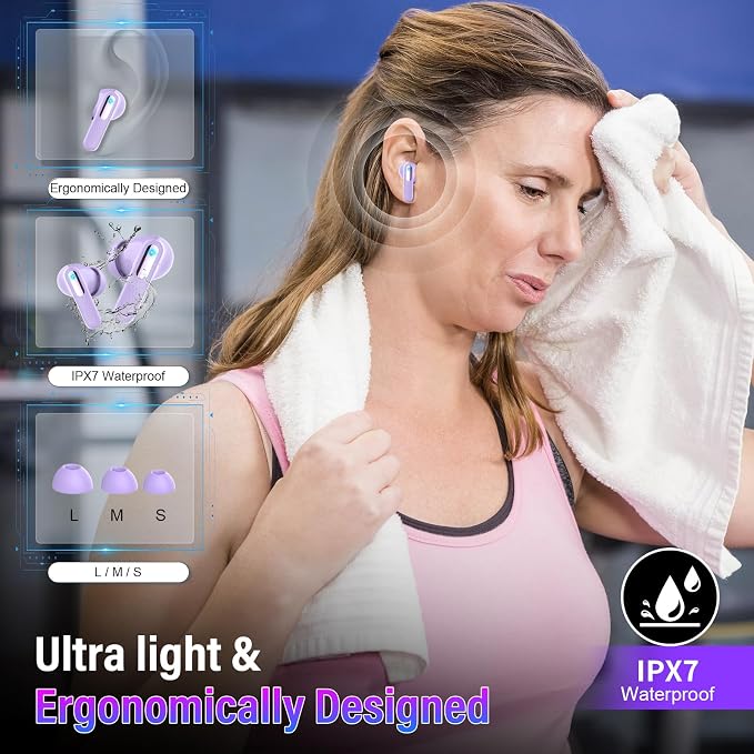 Wireless Earbuds with Touch Screen, Bluetooth 5.4 Headphones, ANC/ENC Noise Cancelling, 48H HiFi Stereo Bluetooth Ear Buds with 5 EQ Modes, Transparency Mode, IPX7 Earphones, Purple
