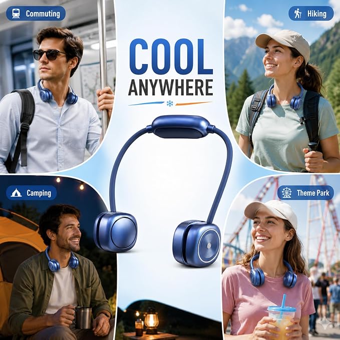 Foldable Neck Fan, Portable Neck Fan Rechargeable, Bladeless Quiet 360° Adjustable Personal Fan, 3 Speeds Hands Free Wearable Fan for Travel, Walking, Camping, Office, Navy Blue