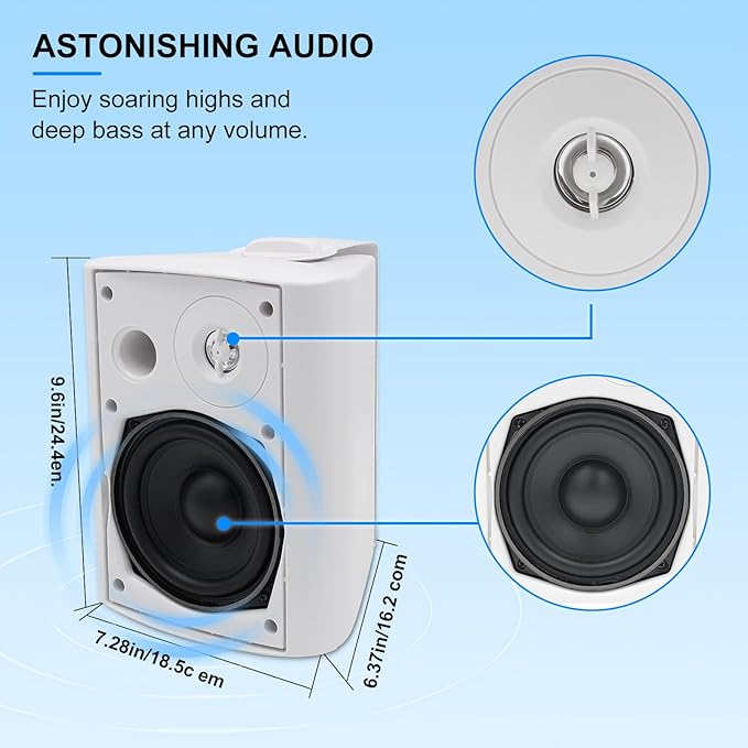 Herdio 5.25 Inch 300 Watts Indoor Outdoor Bluetooth Speakers Waterproof Wall Mount Speakers Wired System All Weather Resistant for Patio Porch Home Theater Backyard(White)
