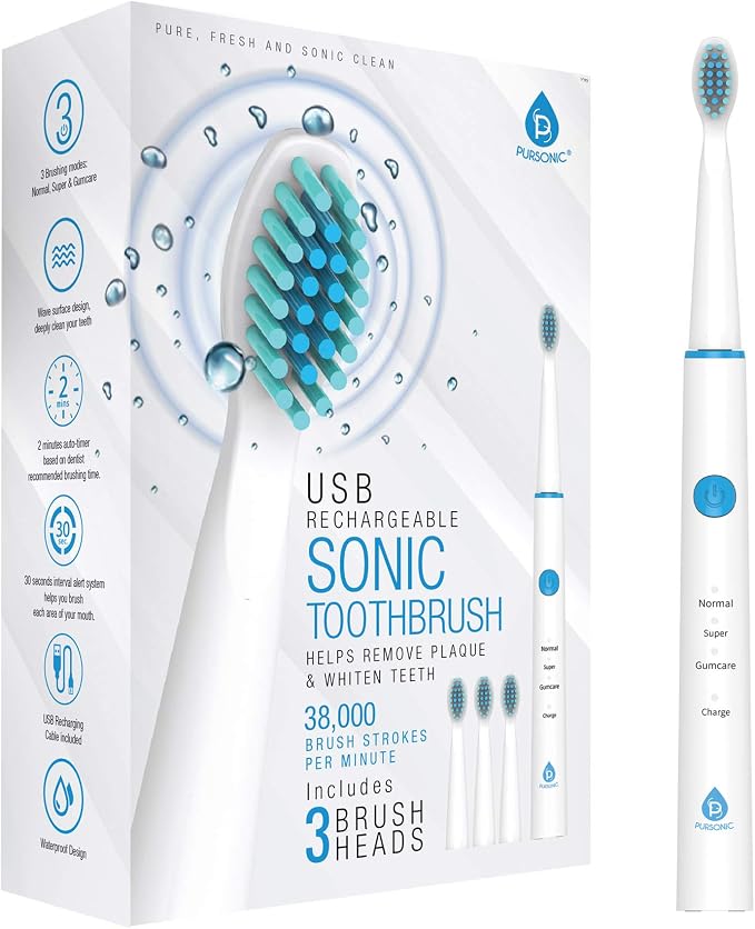 Pursonic Sonic Technology Electric Toothbrush for Ages to Adult, 2 Minute Timer Powered Rechargeable Toothbrush, 5 Modes 3 Brush Heads, 30 Days Long Battery Life, Waterproof