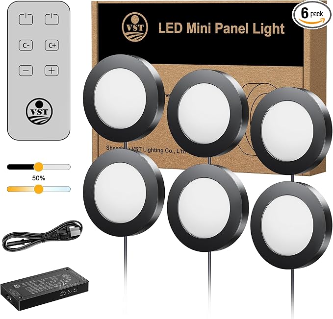 VST Under Cabinet Lights CCT 3000K-6500K, LED Puck Light Color Temperature and Brightness Adjustable with Touch Remote Dimmer and ETL-Listed Led Driver for Drawer Wardrobe Kitchen