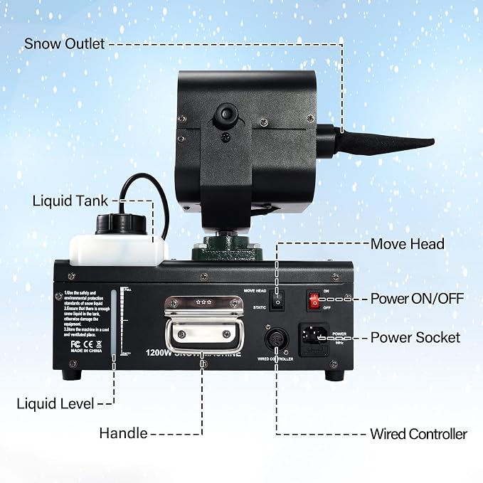 Snow Machine 1200W Snow Making Machine, Moving Head Snow Maker, Snowflake Maker with Wired Control Wireless Remote Adjustable Snow Size for Christmas Wedding Party Photography Parade Stage