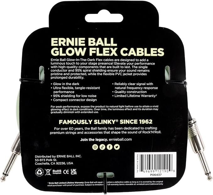 Ernie Ball Flex Instrument Cable Straight/Straight 20ft - Glow in Dark (P06437)