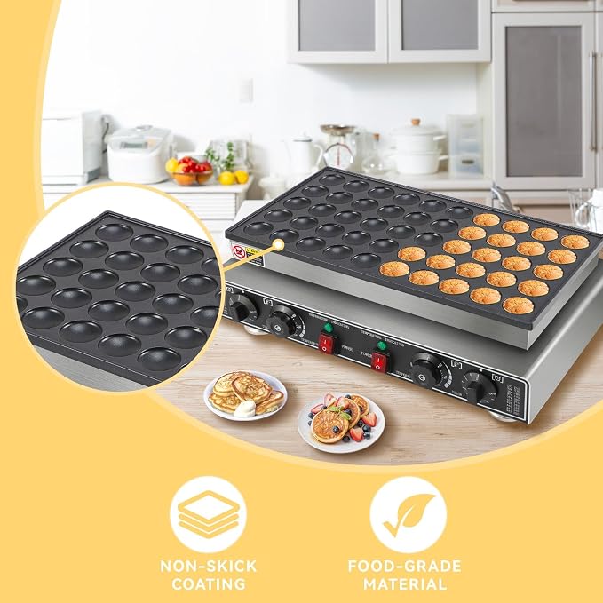 Commercial 50-Piece Mini Dutch Pancake Maker, 1800W Electric Non-Stick Griddle, Adjustable Temp & Timer, Even Heating, Stainless Steel, with Lid, Ideal for Poffertjes, Dorayaki, Restaurant & Home Use