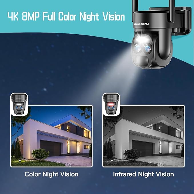 BEENOCAM 4K Dual Lens Solar Security Cameras Wireless Outdoor, 2.4G/5Ghz WiFi, 355° Pan/Tilt Home Security Camera with 8MP Color Night Vision, PIR Motion Detection, Spotlight Alarm, 2-Way Audio