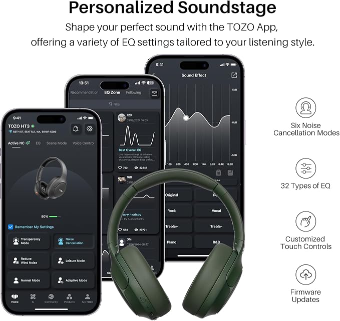 TOZO HT3 Hybrid Noise Cancelling Headphones, 90H Battery Life Wireless Over Ear Bluetooth 6.0 Foldable Headset, AI Voice Assistant with 5 Mics, Connect 2 Devices and Hi-Res Sound, 32 EQ Audio Presets