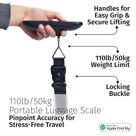Slide Innovations Digital Luggage Scale with Apple Find My (iOS), Portable Suitcase Weight Scale & Tracker, LED Display Travel Baggage Scale up to 110 lb / 50 kg, Lightweight Airline Travel Accessory