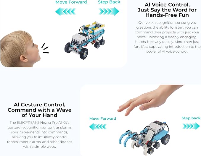 ELECFREAKS microbit Nezha AI Kit with Nezha Pro Expansion Board 16+ Makecode Story Coding Projects, microbit Starter Sensors Kit with Voice and Gesture Recognition Electronic Modules(without microbit)