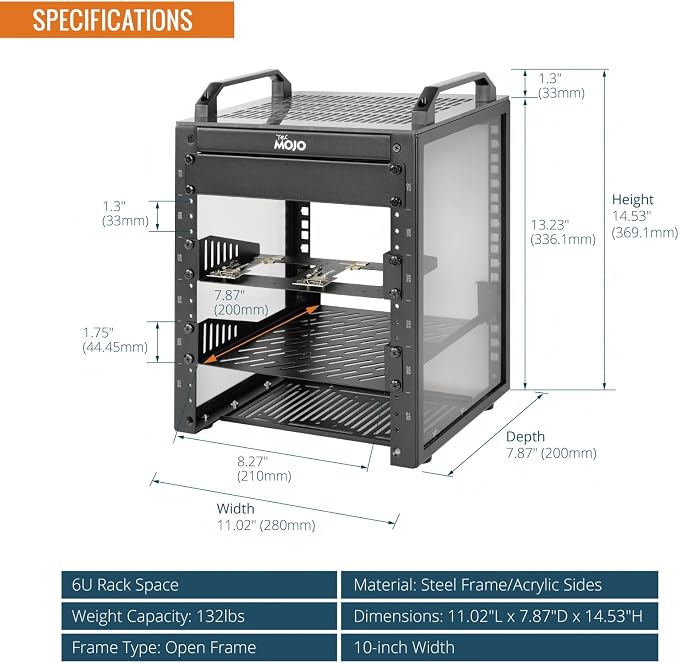 Tecmojo 6U Network Rack, 10 inch Mini Server Rack with 2 Side Translucent Panels & 2 Top Handles, 7.87 inch Deep, for 10 inch IT Equipment & A/V Devices, Black