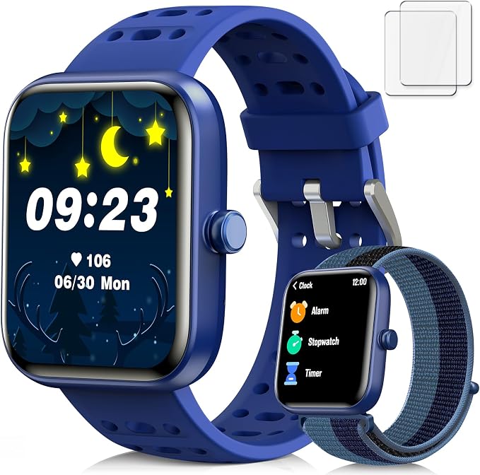 Smart Watch for Kids Gift, Kids Smart Watch with Heart Rate, Sleep Monitor, Fitness Tracker, Kid's Watch with Sports Modes, Puzzle Game& DIY Dials, Birthday, Children's Day Gifts for Kid-Blue(2 Bands)