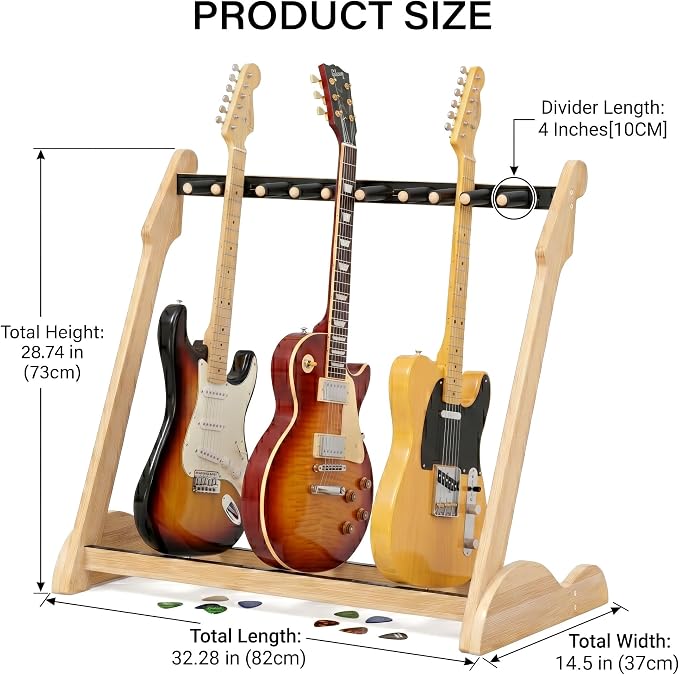 Guitar Stand Rack, Multi-Guitar Display Rack Adjustable Bamboo Guitars Holder Electric Guitar Stands Floor Storage for Bass Acoustic, Home Studio, Band Stage (Natural-B)