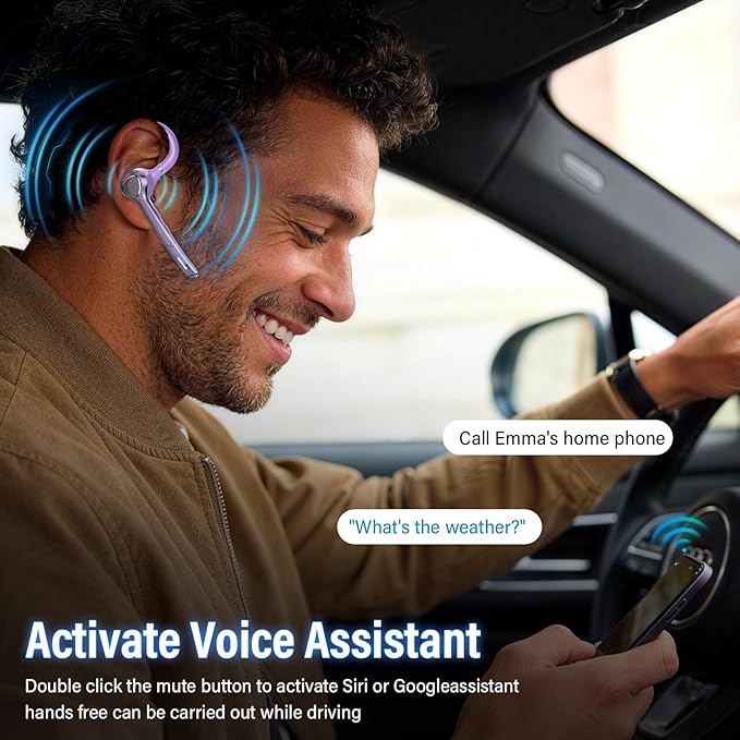 Bluetooth Headset with APTX HD Audio, Wireless Hands-Free Earpiece with CVC 8.0/ENC Dual Mic, Mute Button & Dual Device Connection, 90H Playtime Single-Ear Headphone for Trucker, Business, Purple‌