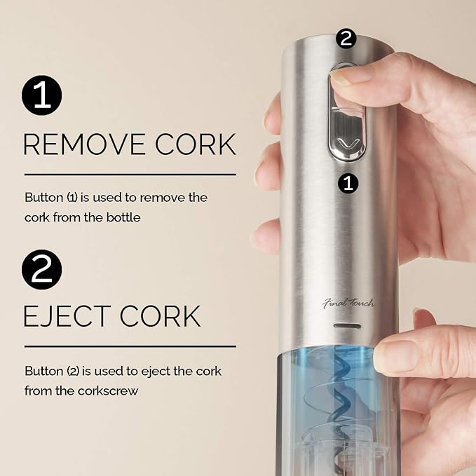 Final Touch Electric Corkscrew with Lithium-Ion Battery | Easy Cork Removal, USB Charging, LED Lights | Stainless Steel Wine Opener for Home and Parties (WO3032)